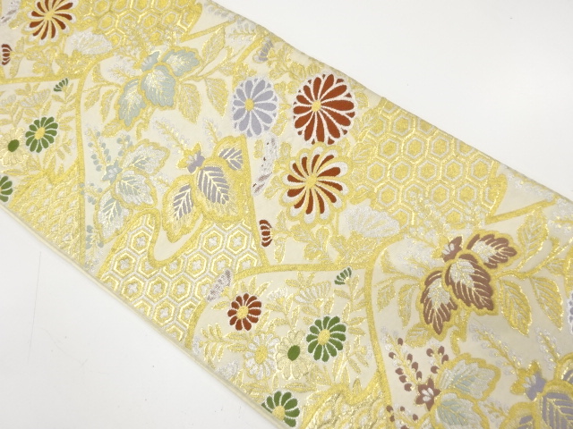 JAPANESE KIMONO / ANTIQUE FUKURO OBI / SILK / WOVEN KIKU & PAULOWNIA